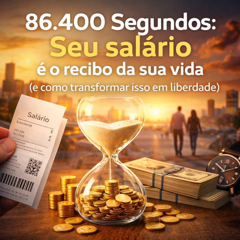 86.400 segundos e organização financeira representados por ampulheta e moedas