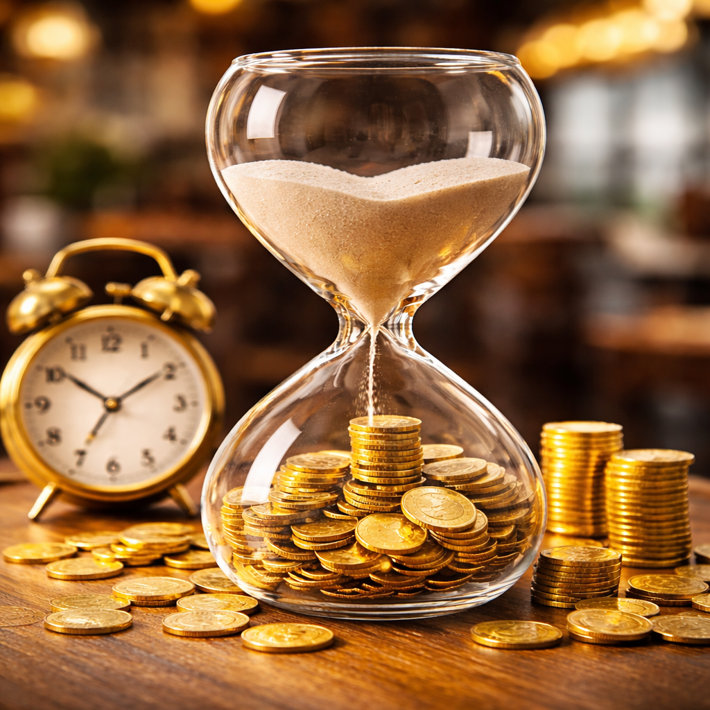 Ampulheta com moedas representando os 86.400 segundos e a relação entre tempo e dinheiro