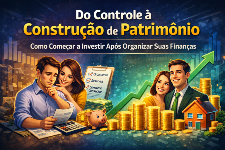 Ilustração de casal organizando finanças e construindo patrimônio com gráficos, moedas e casa ao fundo
