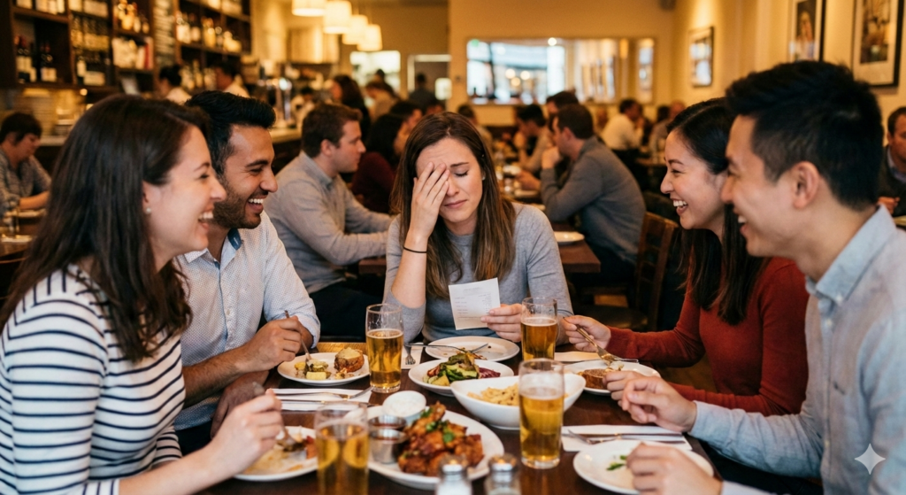 Grupo de amigos em restaurante ilustrando pressão social e decisões financeiras
