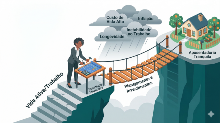 Ilustração sobre os desafios da aposentadoria, com planejamento financeiro, longevidade, inflação e instabilidade no trabalho
