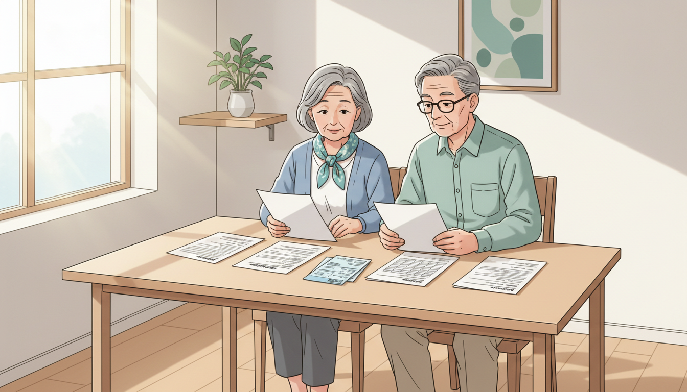 Ilustração sobre custo da aposentadoria, com casal maduro revisando orçamento e despesas futuras