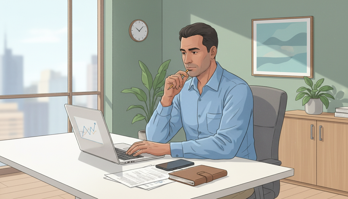 Ilustração sobre mercado de trabalho instável, com profissional em ambiente híbrido planejando carreira e finanças