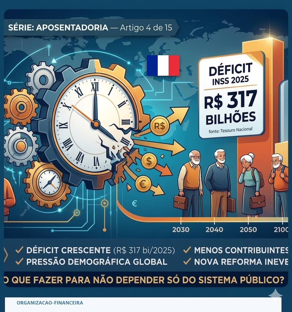 Crise da previdência no Brasil com dados do déficit do INSS e envelhecimento da população