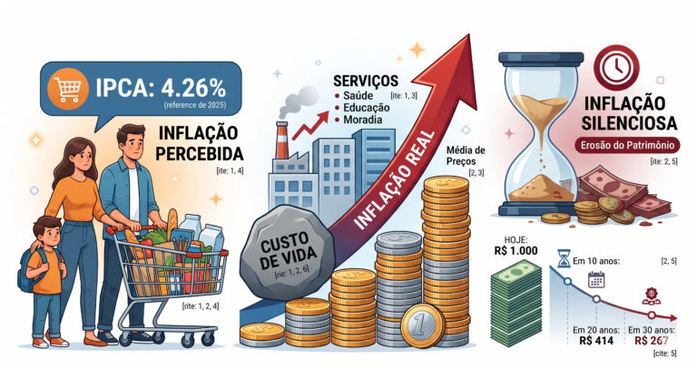 Infográfico explicativo sobre a diferença entre inflação real, percebida e silenciosa, mostrando o IPCA de 4,26% e a perda de poder de compra ao longo de 30 anos.