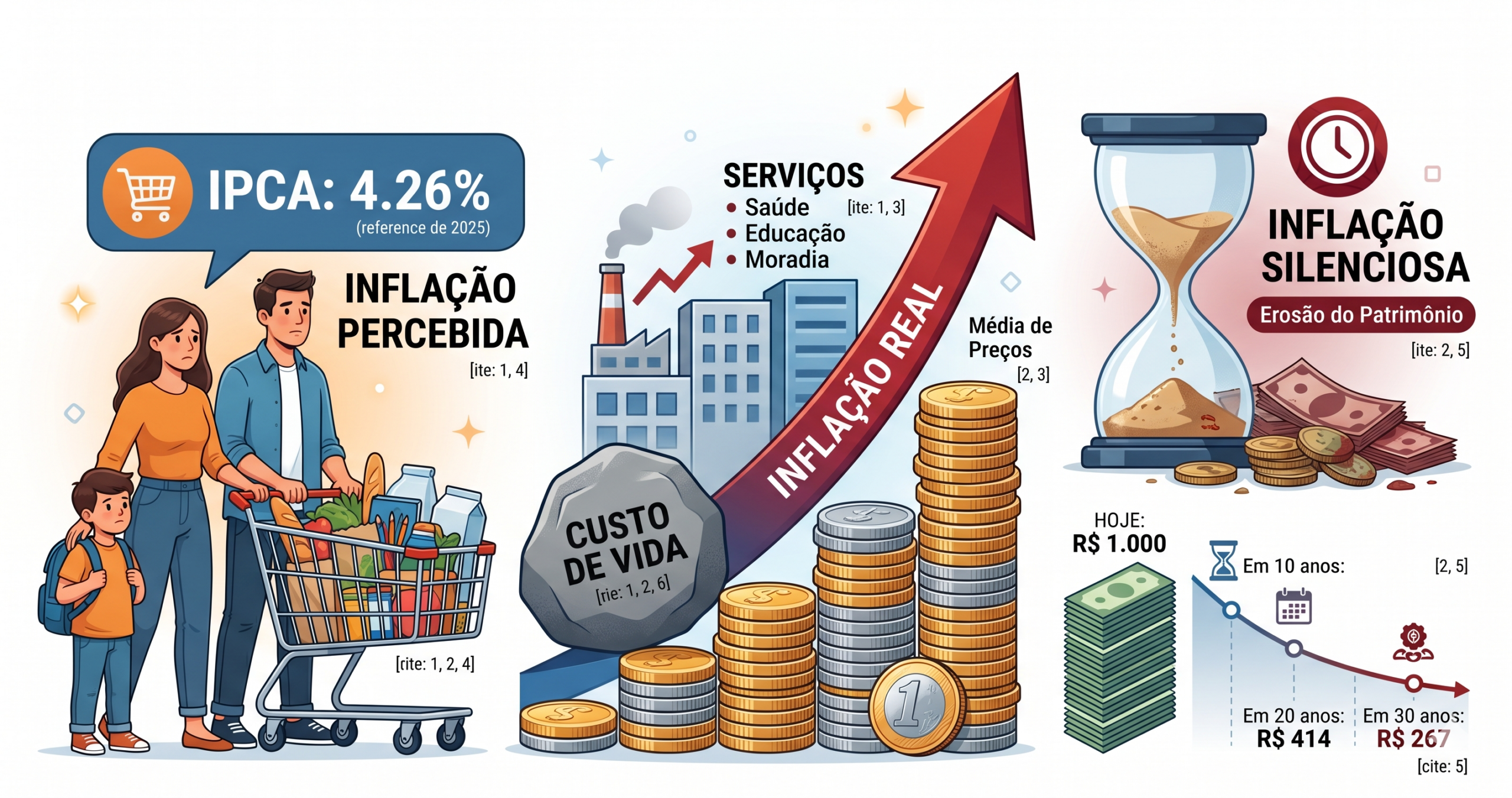 Infográfico explicativo sobre a diferença entre inflação real, percebida e silenciosa, mostrando o IPCA de 4,26% e a perda de poder de compra ao longo de 30 anos.