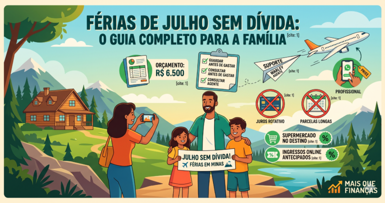 Infográfico férias de julho sem dívida: família planejando viagem com orçamento de R$ 6.500, checklist de economia e suporte do Warley Agente de Viagens