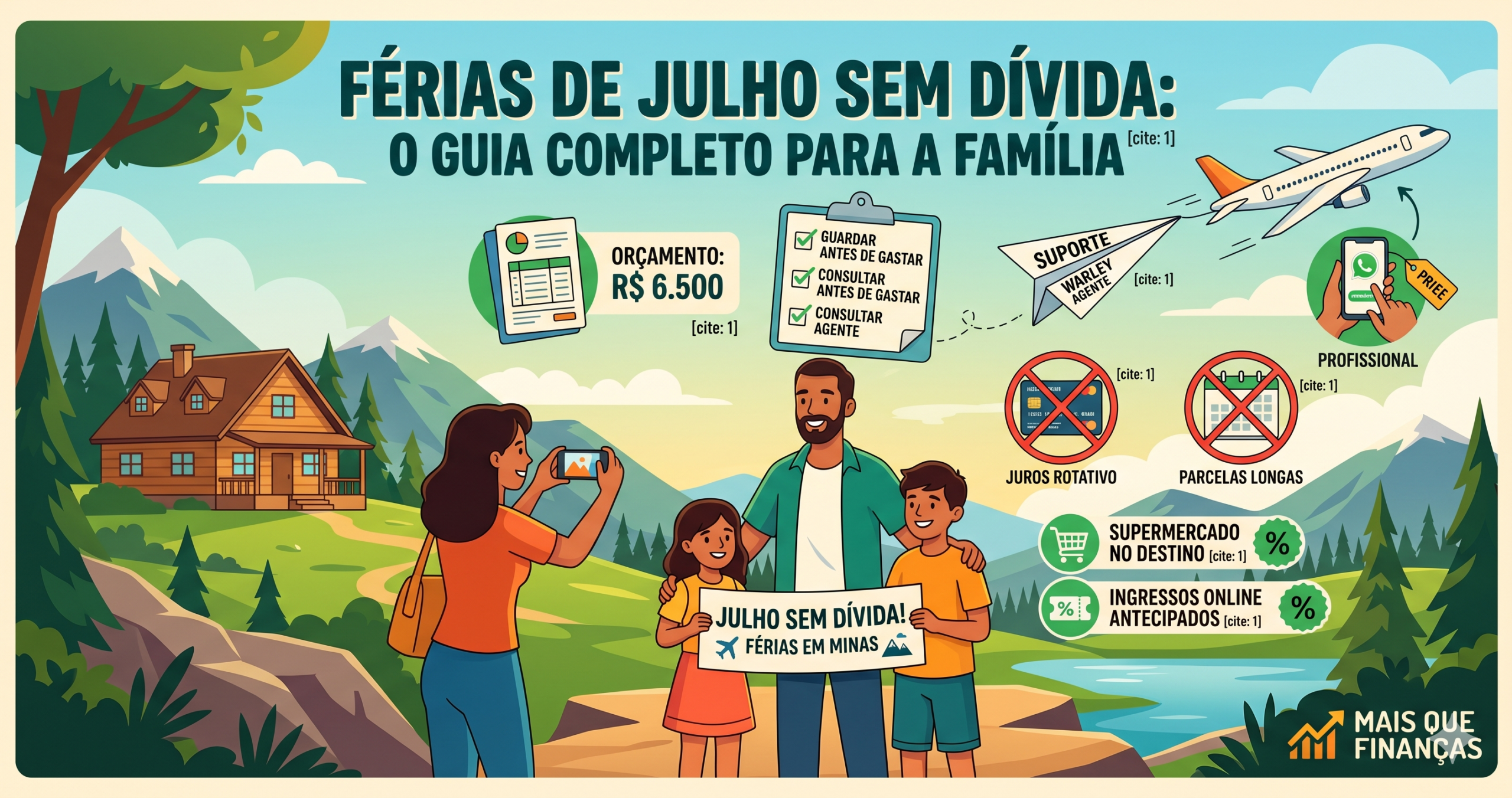 Infográfico férias de julho sem dívida: família planejando viagem com orçamento de R$ 6.500, checklist de economia e suporte do Warley Agente de Viagens